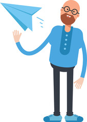 Bald Man Character Holding Paper Plane

