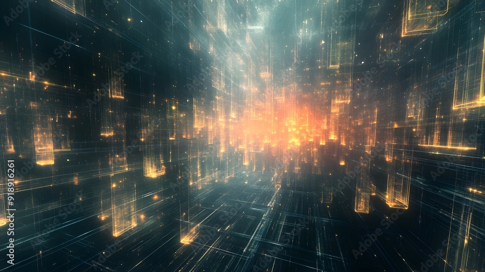 Wall mural 20. high-tech abstract geomatics featuring abstract grids and luminous highlights