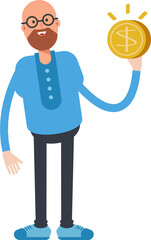 Bald Man Character Holding Dollar Coin
