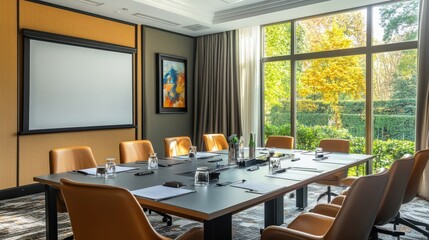 Modern conference room with a large table, comfortable chairs, and a digital projector for presentations