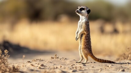 Fototapeta premium Curious Meerkat Stands on Hind Legs, Scanning the Horizon