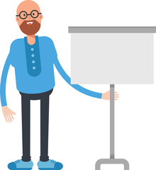 Bald Man Character Presenting Whiteboard
