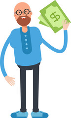 Bald Man Character Holding Dollar Banknotes

