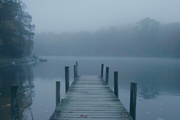 Obraz premium A picturesque lake scene with a dock in the middle of the water, perfect for use in travel or outdoor themed projects