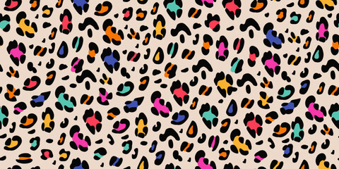 Rainbow leopard seamless pattern. Animalistic bright print. Neon vector background. 