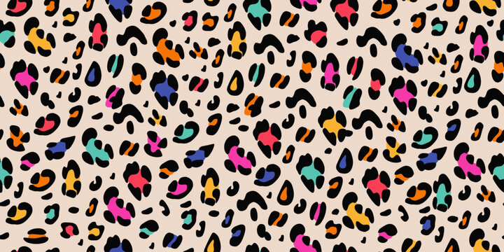 Rainbow leopard seamless pattern. Animalistic bright print. Neon vector background. 