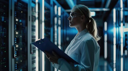 Woman inspecting equipment in a server room, possibly checking inventory or monitoring systems