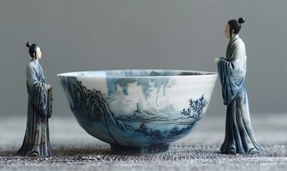 two Song Dynasty Chinese men standing by a blue and grey glazed Ge kiln bowl