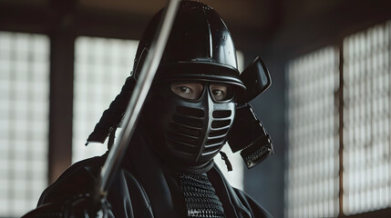 A formidable samurai in full armor grips his weapon, exuding strength and discipline.
