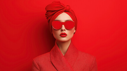 Stylish woman wearing red sunglasses and a headwrap, dressed in red against a red background, embracing monochrome fashion and bold color contrast.