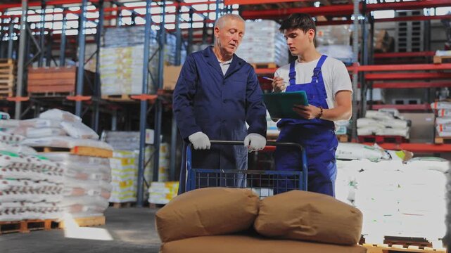 Young guy manager boss checks papers invoices together with elderly male employee and revise availability and quantity of goods in stock