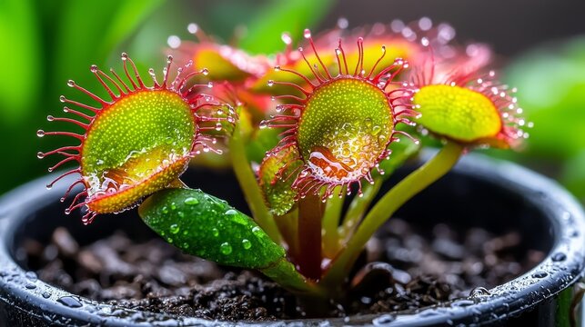 Close-up of Drosera (sundew) with dew drops, carnivorous plant