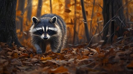 Curious Raccoon Explores Forest Floor: A Close-Up View