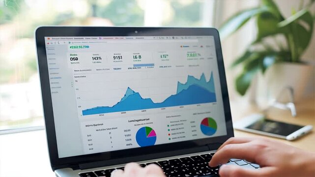 A person is using a laptop to look at graphs and charts. The laptop is open to a screen displaying a pie chart. The person appears to be focused on the data displayed on the screen
