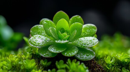 Close-up of Pinguicula (butterwort), carnivorous plant with sticky leaves