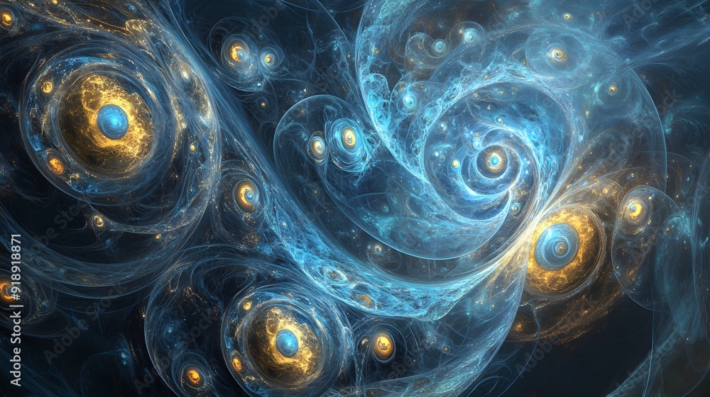 Wall mural 32. abstract geomatics with swirling patterns and glowing orbs