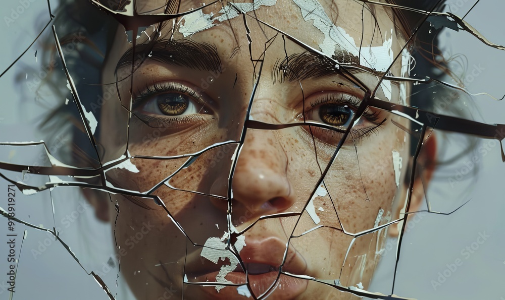 Poster minimalist portrait with fragmented lines, exploring fractured identities and introspection