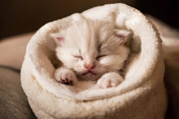 Obraz premium A cute white kitten sleeps in a white towel