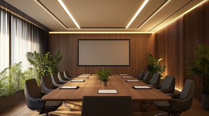 Modern conference room with a large table, comfortable chairs, and a digital projector for presentations