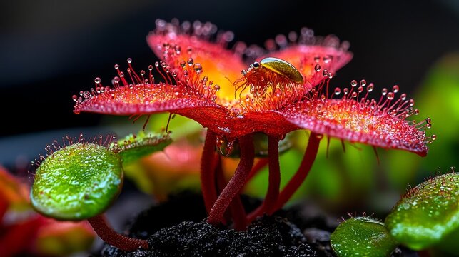 Close-up of drosera (sundew) with captured insect