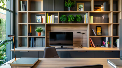 Modern Home Office with Large Wooden Bookshelf and Desk - Interior Design Photo