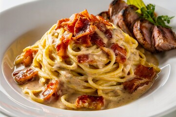 Fototapeta premium Pasta carbonara with meat grilled on a plate
