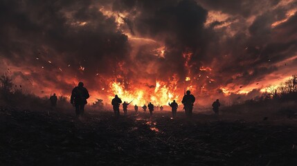 Fototapeta premium Dramatic Dusk: War-Torn Battlefield at Sunset - Stock Image