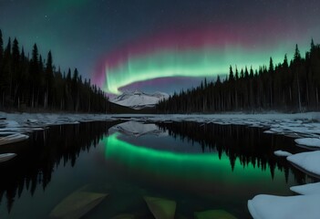 crystal-clear lake mirroring a sky full of auroras in a forest setting at midnight