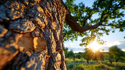 Cork oak trees with recently harvested bark, Portugal