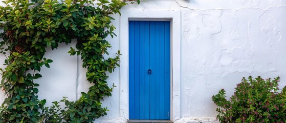 A vibrant blue door with a flat design, framed by a clean, white exterior and minimalist greenery