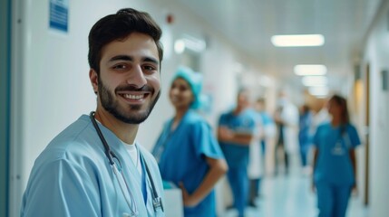 Fototapeta premium Portrait of smiling middle eastern man nurse in hospital