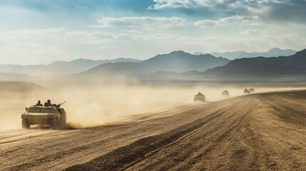 Fototapeta premium Military Convoy in Action: Dynamic Scene Captured on Camera