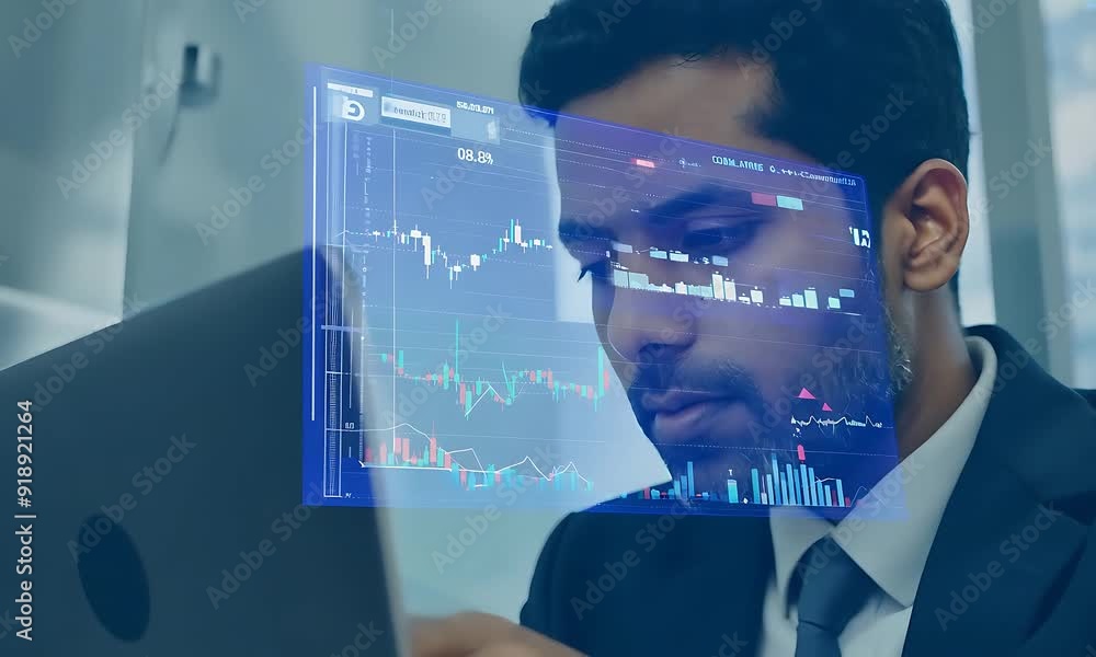 Poster a professional engages with technology while concentrating on tasks in a bright office setting