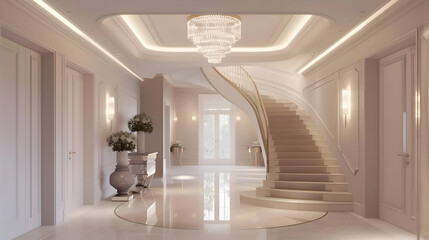 Elegant White Interior Design with Curved Staircase and Crystal Chandelier - 3D Illustration