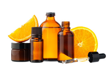 Vitamin C cosmetic bottle in with orange on white background