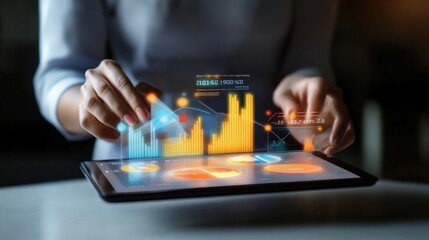 Person using a tablet to present a detailed infographic with various data points and charts