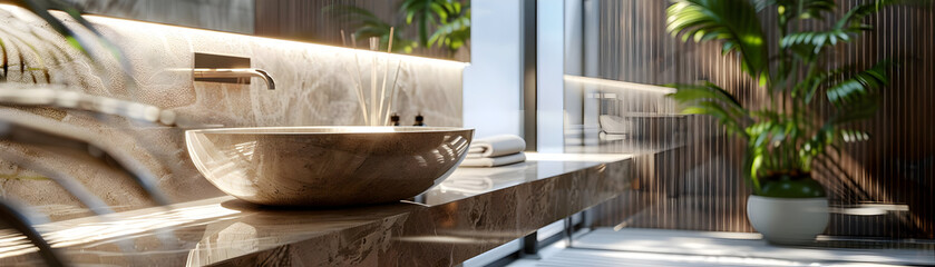 Modern Bathroom Sink with Marble Countertop and Natural Light - 3D Illustration