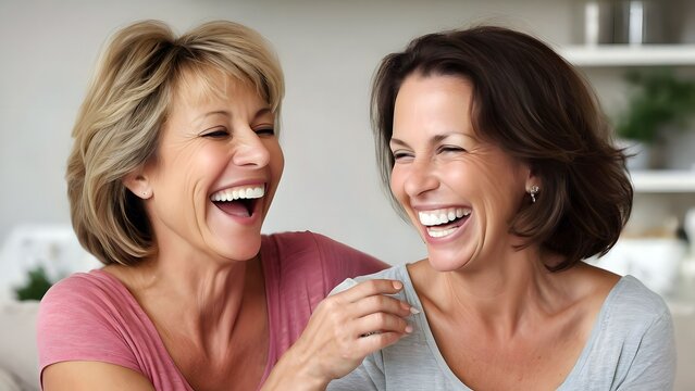 Two loving middle-aged woman sharing smiles lovingly, dearest old friends with last long friendship, or close sisters sibling grow old together
