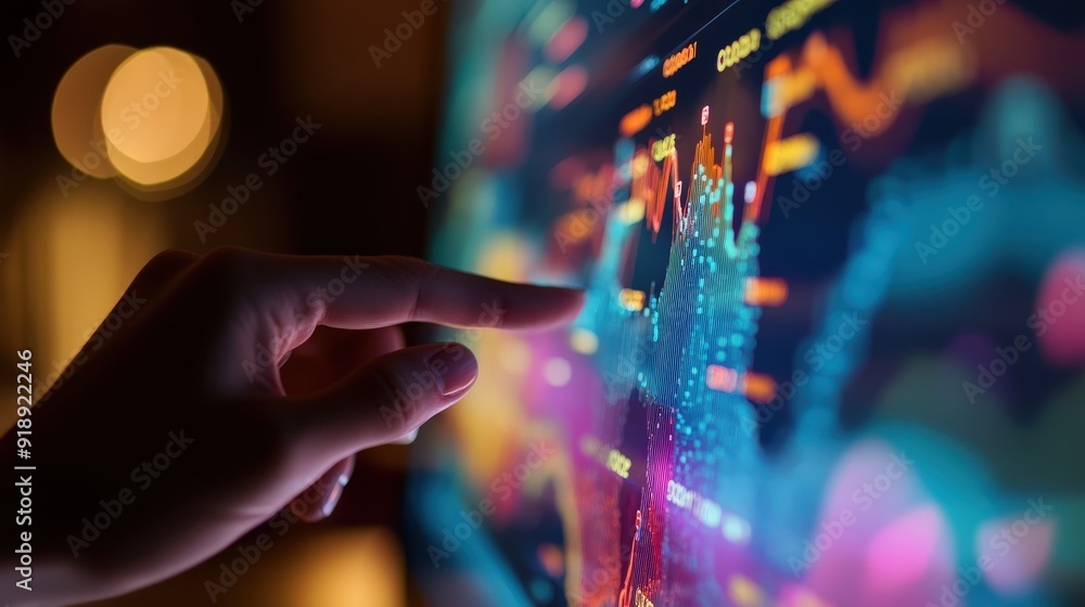 Poster close up of a hand pointing at a data filled infographic on a computer screen with vibrant visuals