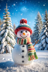 Fototapeta premium happy snowman standing in winter Christmas landscape