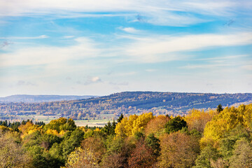 Landscape view with beautiful autumn colors on the trees in a rolling countryside