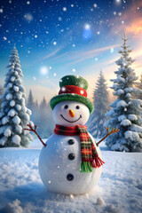 happy snowman standing in winter Christmas landscape
