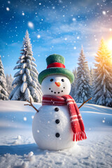 Fototapeta premium happy snowman standing in winter Christmas landscape