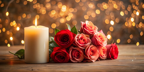 pale red roses a lit white candle with several