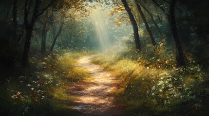 Obraz premium A Sunlit Path Through a Lush Forest