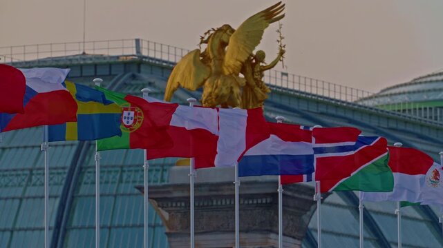 Olympic flags, flag of France, flags of the countries participating in the Olympic Games. Decorating Paris city with Olympic symbols and the 2024 Olympic colors. Paris, France, 08 August 2024