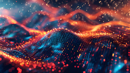 Fototapeta premium data streaming background with colorful lines of light and information, data streaming,Abstract 3d rendering of red particles Futuristic background with bokeh effect Big data visualization