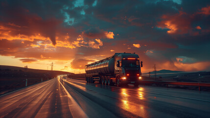 A truck driving on the highway in a beautiful desert valley