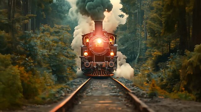 A vintage steam train chugs along a serene forest track, surrounded by vibrant greenery