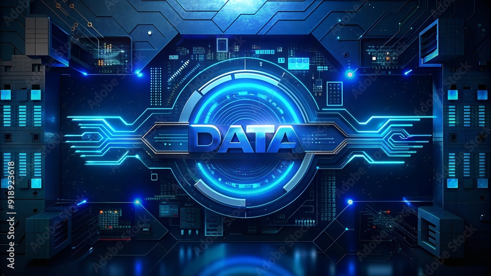Poster futuristic digital image with circuit patterns and glowing blue center featuring the word 'data'